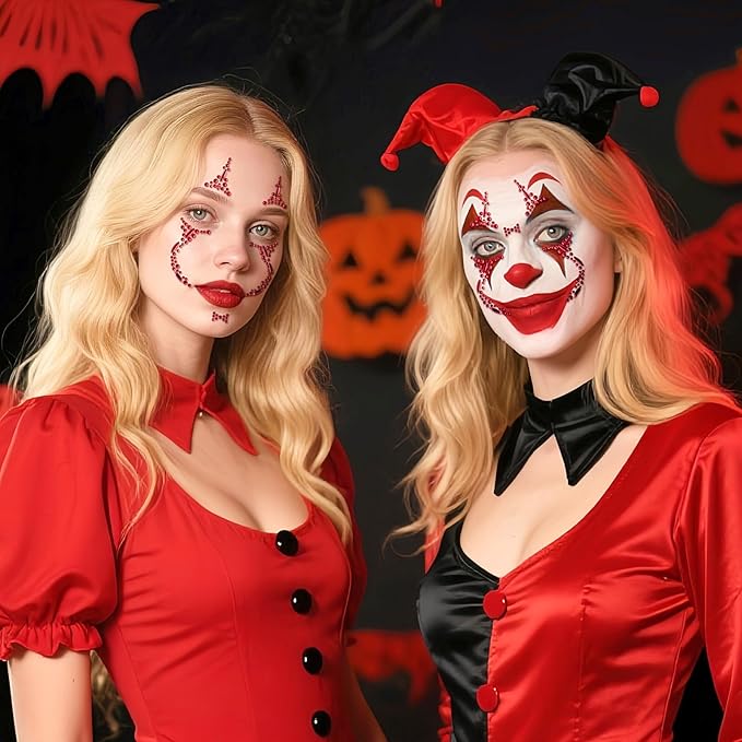 Halloween Face Gems Jewels Tattoos, 2Sheets Day of the Dead Skull Face Temporary Tattoos, Clown Face Makeup Stickers for Halloween Festival Rave Party Outfit