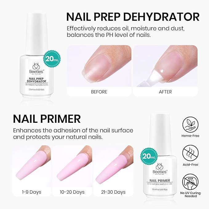 Beetles 4 Pcs 15ml Base Gel and Top Coat Kit with 20ml Nail Dehydrator and Primer, Professional Nail Prep Acid-Free & Hema-Free Dehydrate Bond Primer Set for Acrylic Nail Manicure Gift for Women