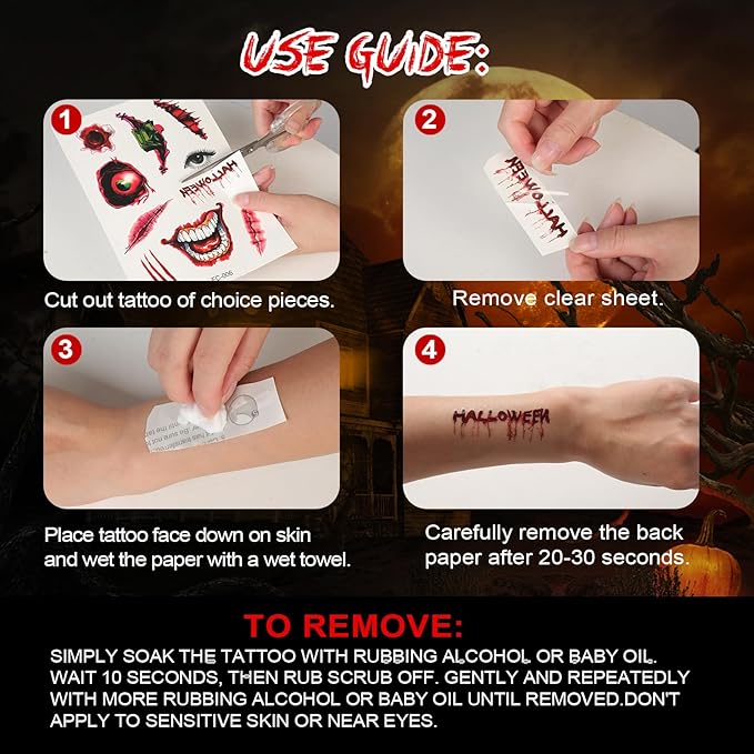 Halloween Horror Makeup Fake Scars Temporary Tattoos - 118 Pcs Realistic Bloody Stitches Wound Tattoo Stickers for Face & Body, Zombie, Chucky, Vampire Cosplay, Pranks & Masquerade Parties