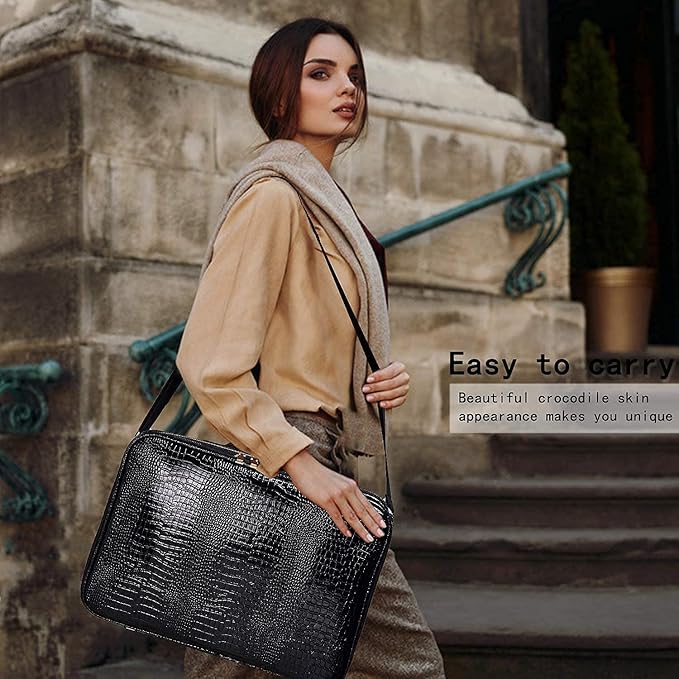 JOURMON Travel Makeup Case Portable Makeup Train Case Organizer Cosmetic Bag with Adjustable Dividers and Shoulder Strap for Makeup Brushes Toiletry Travel Accessories(Crocodile Pattern Black, L)