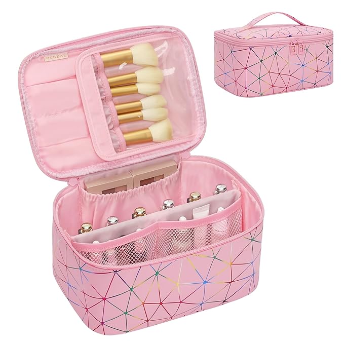 OCHEAL Makeup Bag - Portable Large Capacity Travel Cosmetic Case for Women with Handle and Divider Toiletry Organizer for Girls on the Go -Geometric Pink