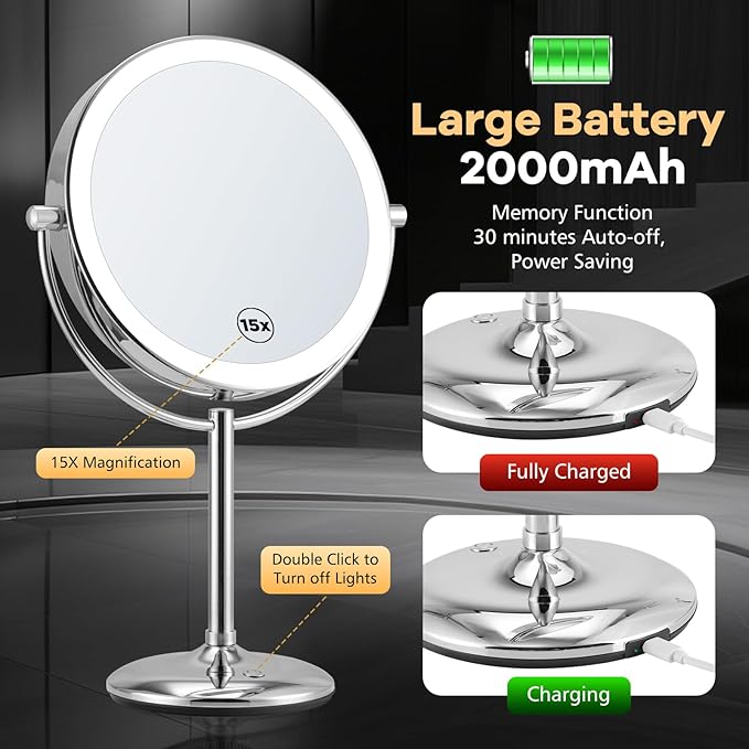 15x Makeup Mirror with Light, Lighted Vanity Mirror with 3 Color Brightness Adjustable, 360°Rotation Double Side Bathroom Mirror -Chrome