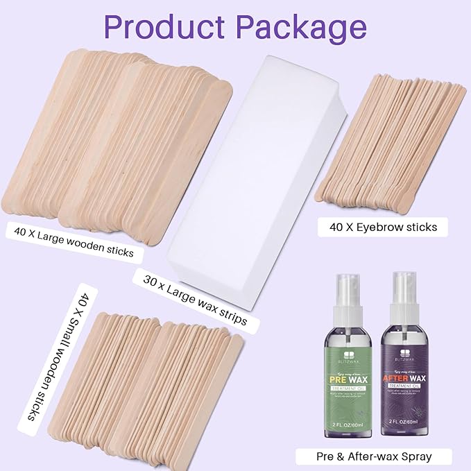 BLITZWAX 120pcs Wooden Waxing Sticks Kit for Hard Wax Hair Removal, Eyebrow Large and Small Applicators for Face, Body, and Lip, with 30 Wax Papers and Oils, Ideal for Womenโs At-Home Waxing
