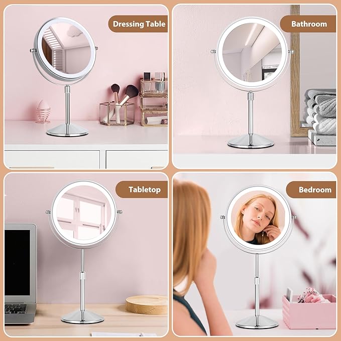 8" Lighted Makeup Mirror with Adjustable Height, 1X/10X Magnification, Rechargeable LED Vanity Mirror with 3 Color Modes, 360° Rotating Touch Screen, Magnifying Tabletop Cosmetic Mirror