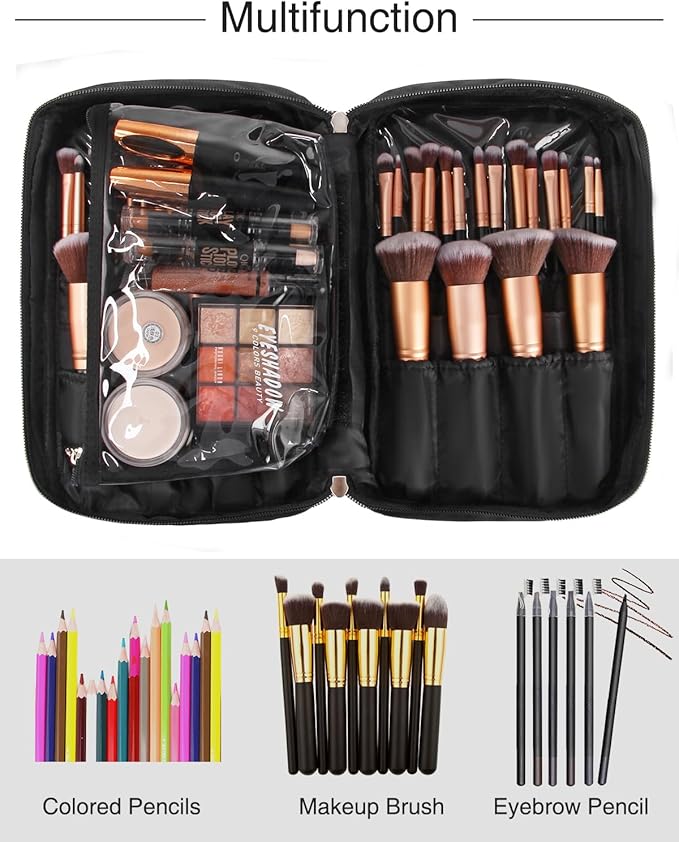 Relavel Extra Large Makeup Case with Makeup Brush Bag, Travel Makeup Train Case Professional Makeup Artist Bag Portable Nail Organizer Box Art Supply Case (Black with Makeup Brush Bag)