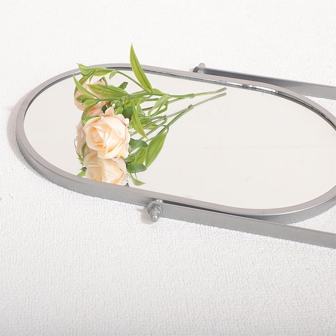 Bathroom Rectangle Desktop Makeup Mirror with Silver Metal Standing 180° Rotation Vanity Table Mirror Portable Cosmetic Mirror for Dressing Room Bedroom