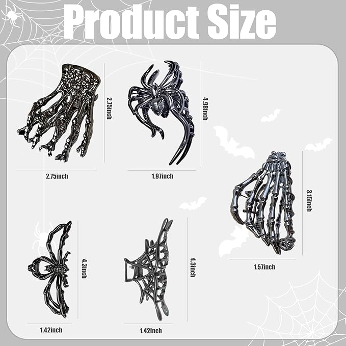 6 Pack Skull Skeleton Hair Claw Clips, Gothic Punk Hair Accessories for Women Girls, Halloween Spider Web Metal Barrettes for Thick Thin Hair Styling (Black Silver)