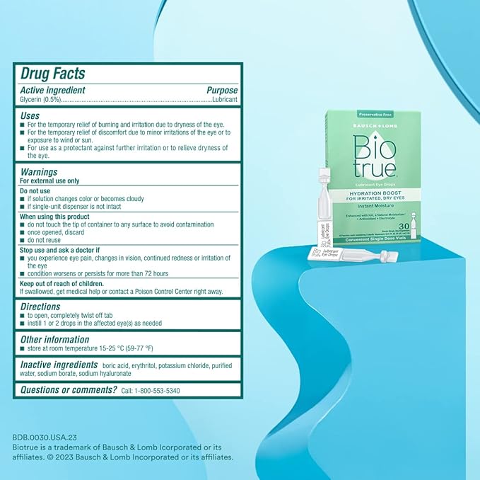 Biotrue Hydration Boost Eye Drops for Irritated, Dry Eyes in Single Dose Vials from Bausch + Lomb, Instant Moisture, Preservative Free, pH Balanced, Naturally Inspired, Pack of 30