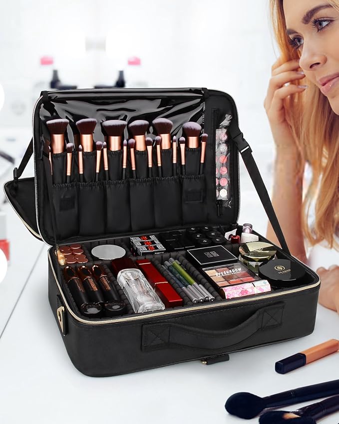MONSTINA Large Makeup Travel Case Bag,Professional Makeup Artist Train Case with Brush organizer,Large Capacity Cosmetic Bag with Zipper Pocket and Adjustable Compartment(PU Leather Black)