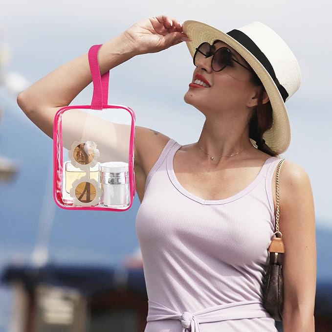 Silkfly Clear Toiletry Bag PVC Travel Cosmetic Bag with Handle Strap Makeup Pouch with Zipper Summer Vacation Salon Graduation Gift End of the Year Gifts(Rose Pink,24 Pack)