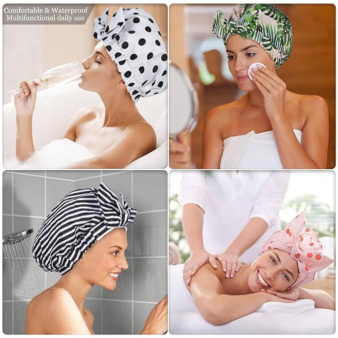 Shower Cap Luxury Shower Caps for Women Reusable Waterproof Hair Cap for Shower with Adjustable Bowknot Hair Bath Cap (Black Stripe)
