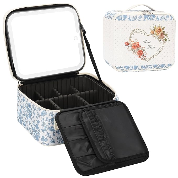 Relavel Travel Makeup Bag with LED Mirror, Portable Cosmetic Train Case with 3 Color Lighted Brightness Mirror, Makeup Artist Organizer Storage with Adjustable Dividers Make Up Box - Blue Flower