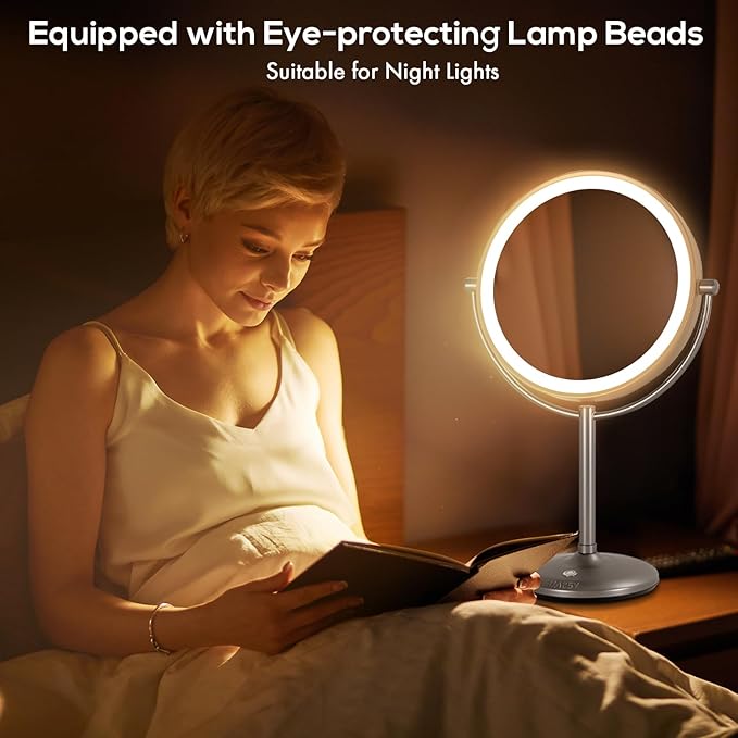 VESAUR 9" 1X15X Lighted Makeup Mirror, 5000mAh Rechargeable 2-Sided Magnifying Mirror with 3 Dimmable Lights, 360° Rotation Vanity Mirror, Tabletop Detachable Travel Mirror, Black Nickel with Gift Box