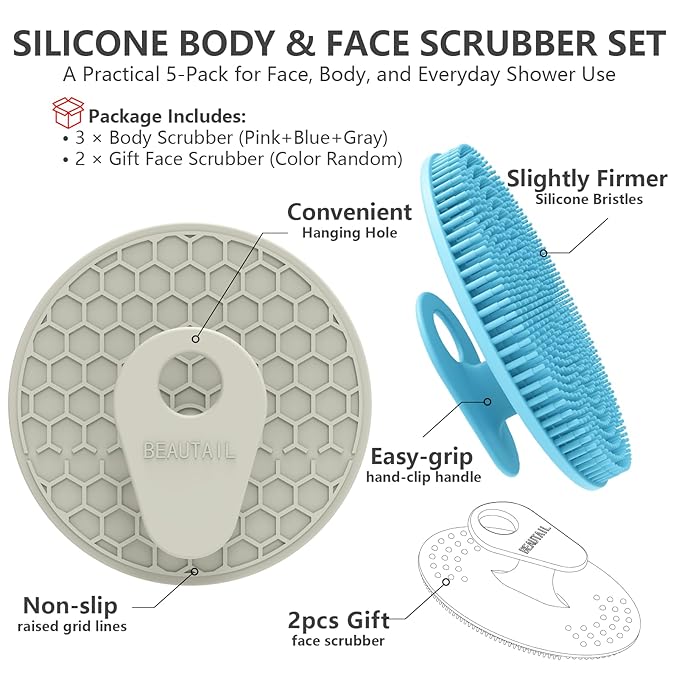 Silicone Body and Face Scrubber Set 5 Pack, BEAUTAIL Shower Bath Scrubber, Gentle Exfoliating Brush for Women Men Sensitive Skin, More Hygienic Than Traditional Loofah, Long Lasting, Pink+Blue+Gray