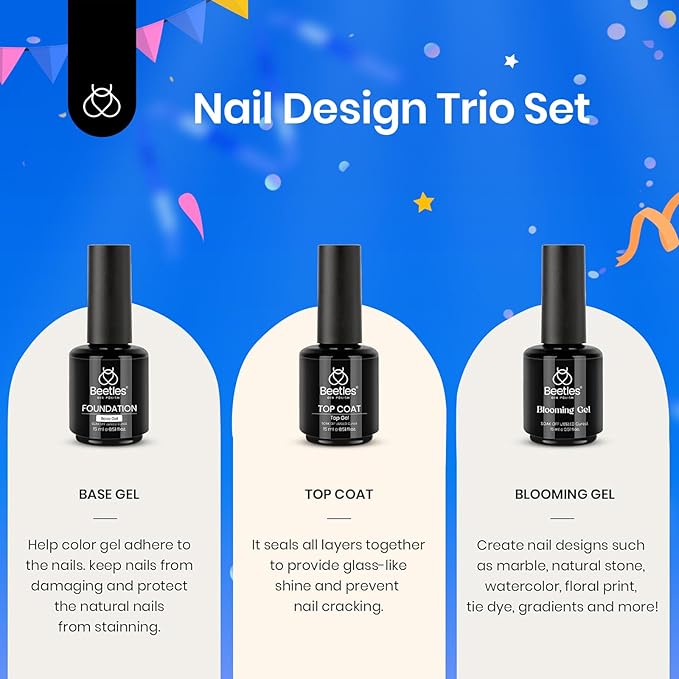 Beetles Blooming Gel & Base Top Coat Set, 3PCS 15ML Shine Finish Long Lasting No Wipe Top Coat Gel Nail Polish Base Spreading Marble Effect Soak off UV LED Nail Art Gifts for Women