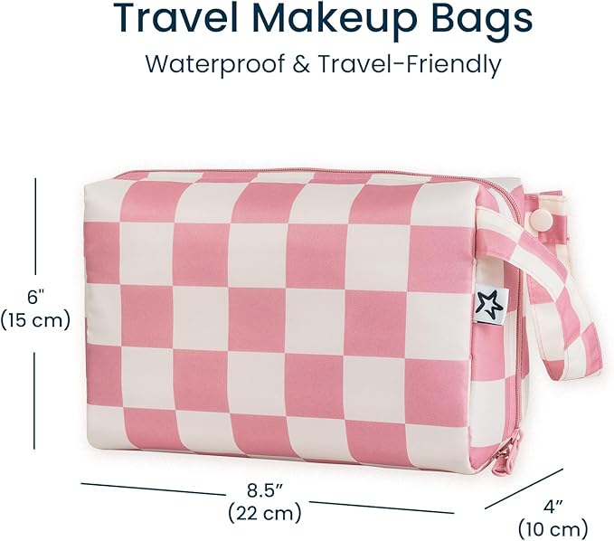 Tiny Twinkle Portable Waterproof Makeup Bag | Travel-Friendly Cosmetic Organizer with Convenient Carry Handle | Spacious Interior, and Secure Zipper Closure (Pink Checkers)