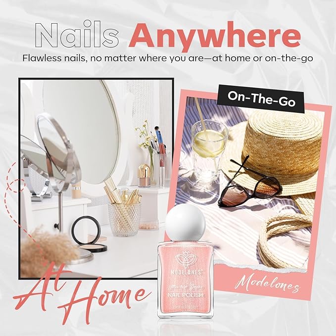 modelones Shimmer Pink Nail Polish, 15 ml Peachy Pink Iridescent Quick Dry Nail Lacquer Strengthener Long Last Shine Fingernail Toe Nail Art DIY Home Travel Manicure Gift for Women Girls 0.5 Fl Oz