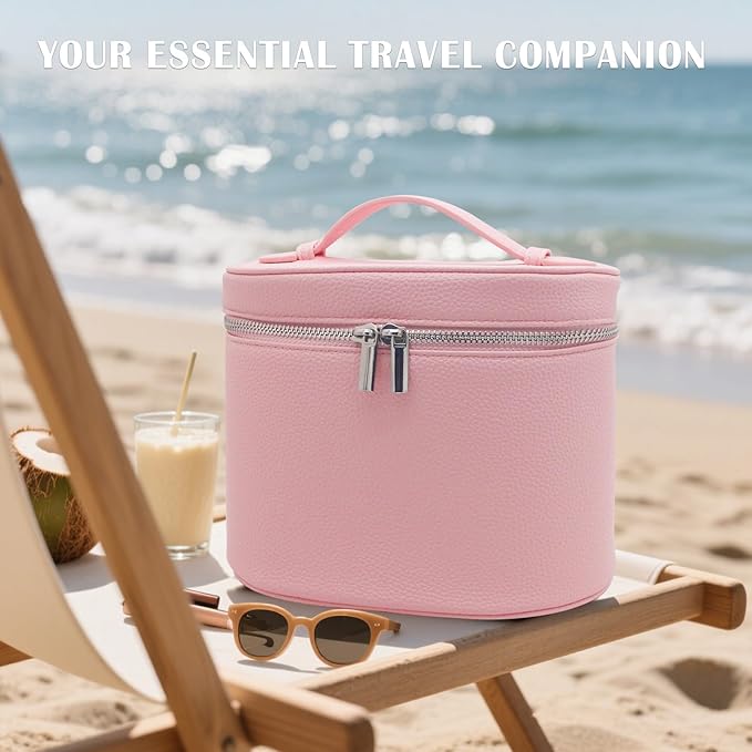 KJMYYXGS Leather Makeup Bag with Dividers Make Up Organizers with Compartments and Handle for Vanity Travel Makeup Countertop Case (pink)