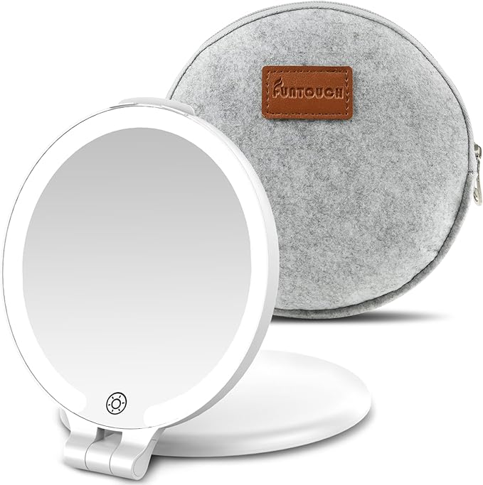 FUNTOUC Travel Mirror with Light, 1X/10X Double Sided Magnification Makeup Vanity Mirror with 3 Color Setting, Chargeable Foldable Portable Travel Essential Vanity Mirror with Bag