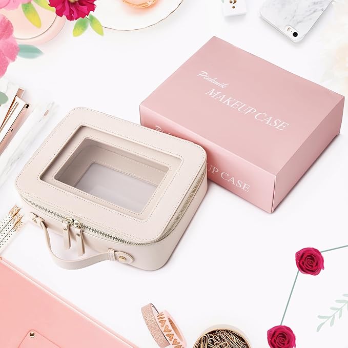 Pinkmik Clear Makeup Bag for Women Waterproof Travel Cosmetics and Toiletries Case Portable Makeup Oaganizer Bag Clear Car Bag with Zipper (Beige, L)