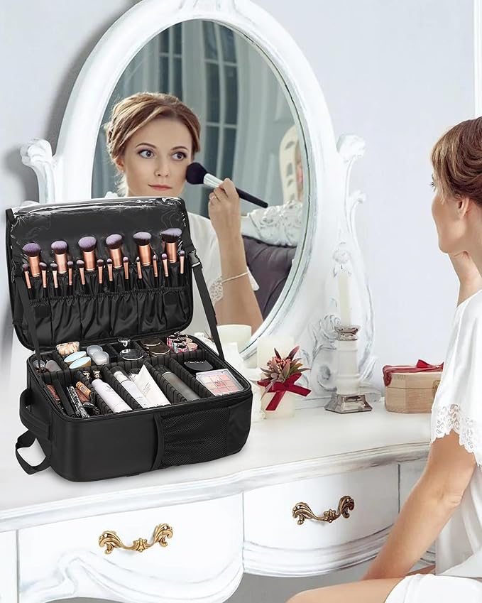 Relavel Makeup Backpack, Professional Travel Train Case Makeup Artist Kit Set Bag for Women Extra Large Cosmetic Organizer, Brush Storage Holder, with Adjustable High Dividers, Black