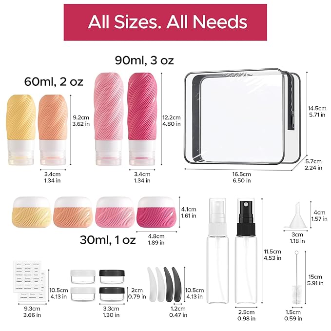 23 Pack TSA Approved Travel Bottles for Toiletries, Leak Proof Refillable Travel Size Containers Kit with Silicone Squeezable Bottles Jars for Shampoo Lotion Conditioner, in Clear Bag, Pink