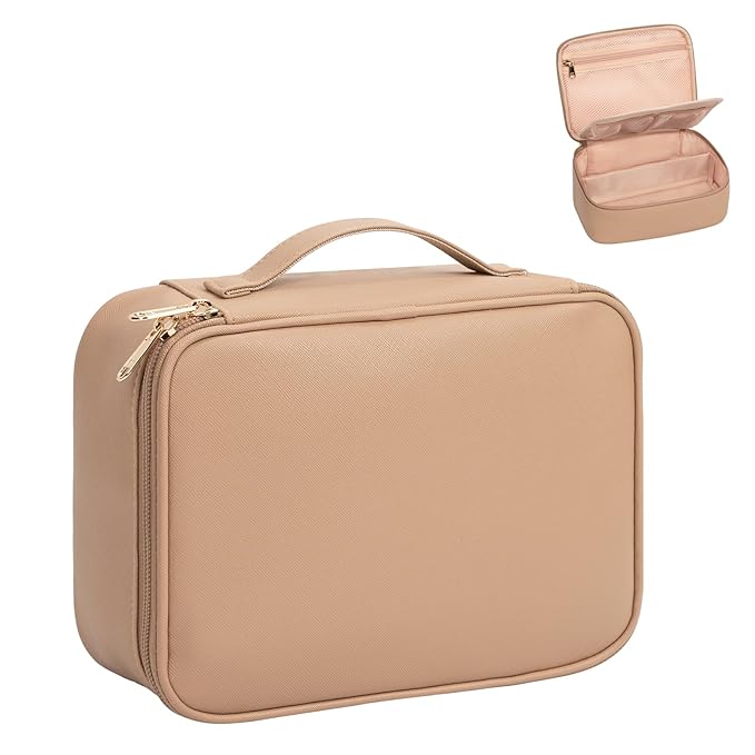 OCHEAL Makeup Bag, Cute Makeup Organizer Bag Potable Make up Bag for Toiletry Cosmetics Accessories with Divider and Brushes Compartments, Makeup Travel Case - Beige Apricot