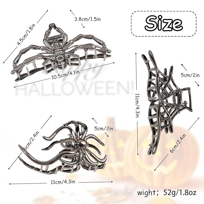 3 Pcs Halloween Hair Claw Clips Hair Accessories for Women Girls, Gothic Black Metal Spider Large Medium Size Catch Clips for thick Hair Styling Tool Holiday Gifts(Black Gun)