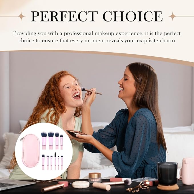 10 Pcs Mini Portable Makeup Brush Set Complete Travel Cosmetic Brushes Kit with Pouch for Blush Powder Eyeshadow Perfect for Women and Girls(pink)