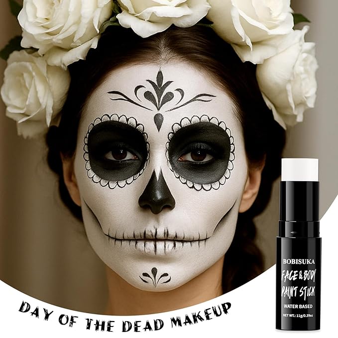 BOBISUKA White Face & Body Paint Stick Washable Water-Based Face Paint Makeup Stick for Halloween Clown, Joker, Zombie, Mime, Skeleton, Skull, Cosplay, SFX, Sports Eye Black & Costume Party