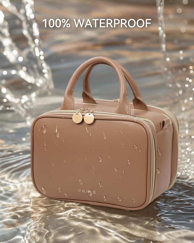 Prite Makeup Bag for Women, Large Capacity Waterproof Travel Cosmetic Organizer, Portable Open Flat Toiletry Bag with Free-standing Brush Holder and Handle(Brown Medium)