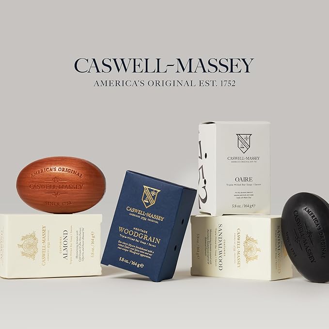 Caswell-Massey Woodgrain Sandalwood Natural Bar Soap Gift Set - Moisturizing Triple-Milled Body Soap for Men - Plant-Based with Essential Oils for Soft Skin, Cruelty-Free, USA Made, 12 Bars x 5.8 oz