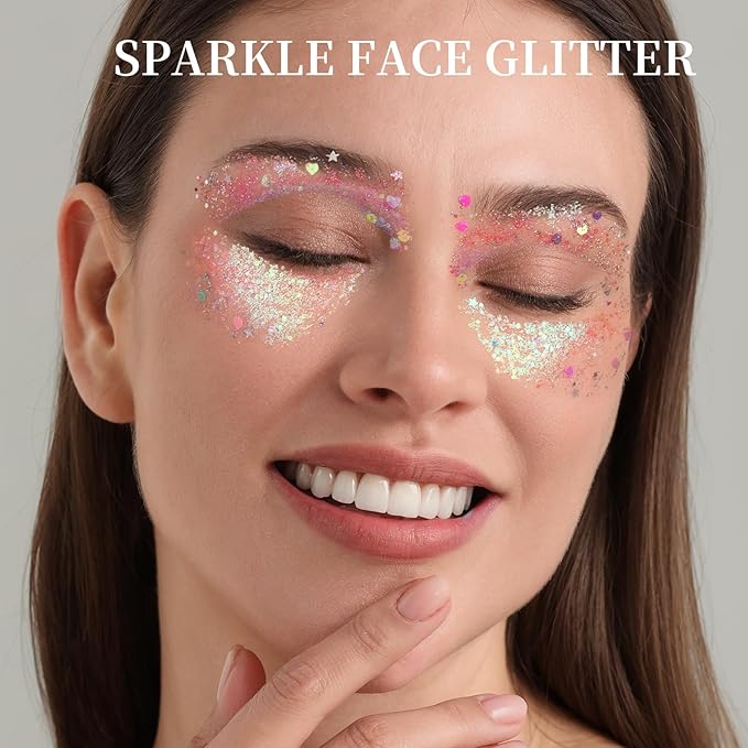 FANDAMEI Face Glitter, 2 PCS Face Glitter Gel 18 Grids, Body Hair Glitter for Kids Women for Makeup, Halloween Rave Concert Face Paint Glitter