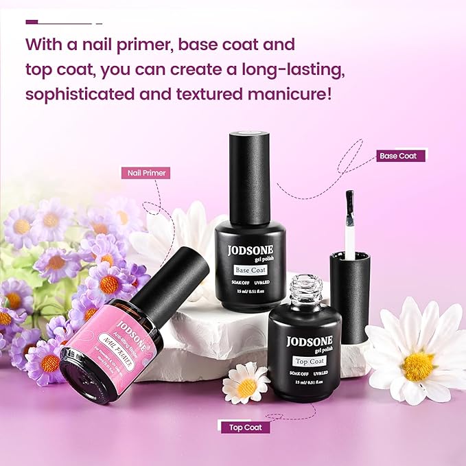 JODSONE 3 PCS Nail Primer Base Coat Top Coat with a capacity of 15ml Quick Curing Long Lasting