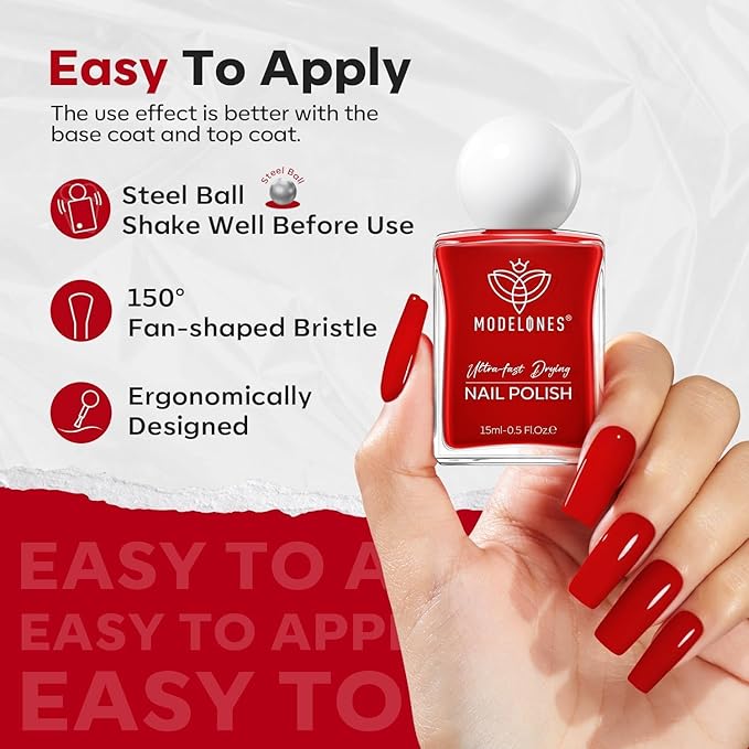 modelones Red Nail Polish Quick Dry | Burgundy Long Last Fingernail Polish, Dark Red Nailsl | Infinite Shine Strengthening Treatment Kit Salon-Quality for Women 15ml