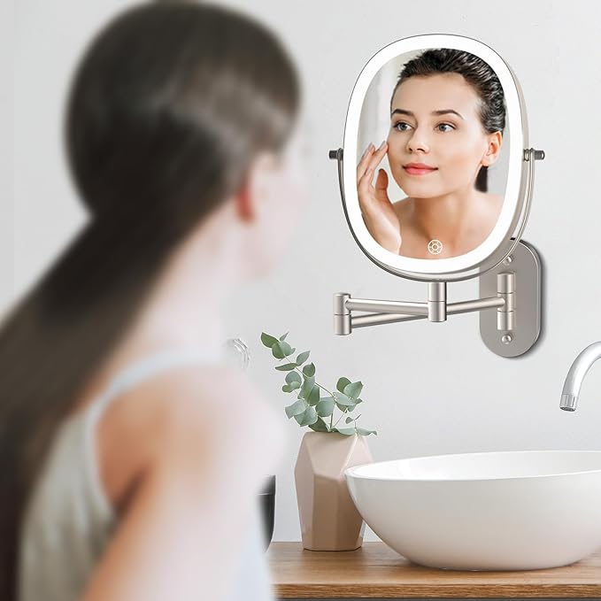 FUNTOUCH Rechargeable Wall Mounted Lighted Makeup Mirror, Oval Double-Sided Mirror 1X/10X Magnifying Wall Mounted,3 Color Lights Touch Screen Dimmable 360°Swivel 13 Inch Extendable