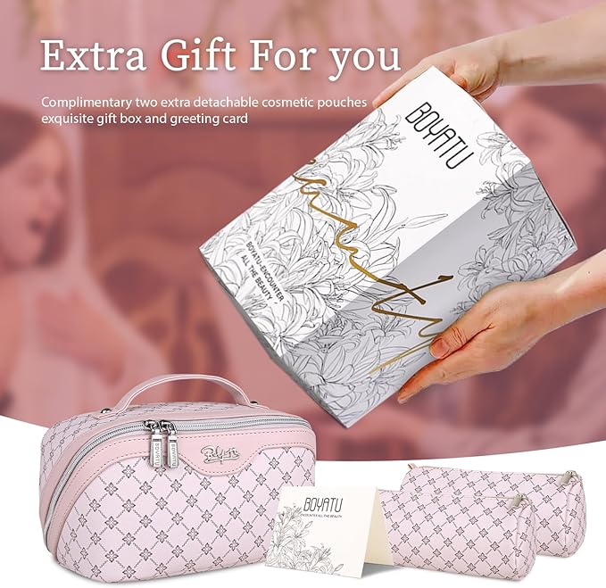 BOYATU Travel Makeup Bag Cosmetic Bags for Women: 3 Pcs Set Portable Make up Bag with Handle - Vegan Leather Toiletry Bags with Compartments - Makeup Organizer for Travel Essentials(01-Pink)