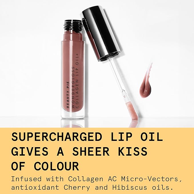 Beauty Pie Wondergloss Collagen Lip Oil + Nude Nectar 0.13 fl oz – Hydrating, Plumping, Non‑Sticky Lip Oil Gloss Hybrid with Collagen AC Micro‑Vectors & Cherry Hibiscus Oils