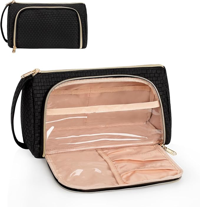 Makeup Bag, Small Cosmetic Bag with Makeup Brush Comparment, 2 in 1 Cute Make Up Organizer Pouch for Women Girls, Portable Travel Toiletry Bag