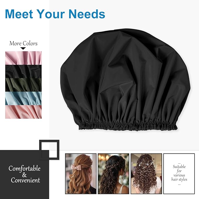 Shower Cap for Women, Double Layer Waterproof Bath Cap, Reusable Hair Protector, Large Waterproof Shower Bonnet Washable Elastic Band Bath Hair Hat for Long Hair, Braids,Black