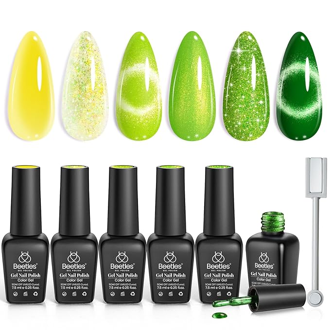 Beetles Green Halloween Gel Nail Polish Set, Fall Gel Polish Nail Kit 6 Colors Yellow Glitter Cat Eye Jelly with Cat Eye Magnet Gifts for Women DIY Manicure Art Summer Beats