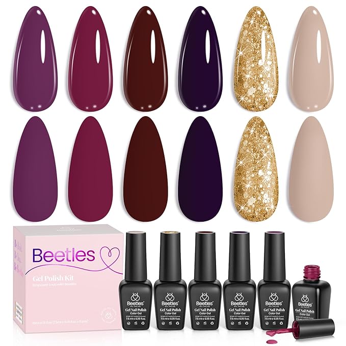 Beetles Gel Nail Polish Set – 6PCS Fall Winter Burgundy Purple Glitter Nude Plum Gold Gel Nail Polish Kit Soak Off UV LED Terra Dusk Colors DIY Home Salon Gift for Women