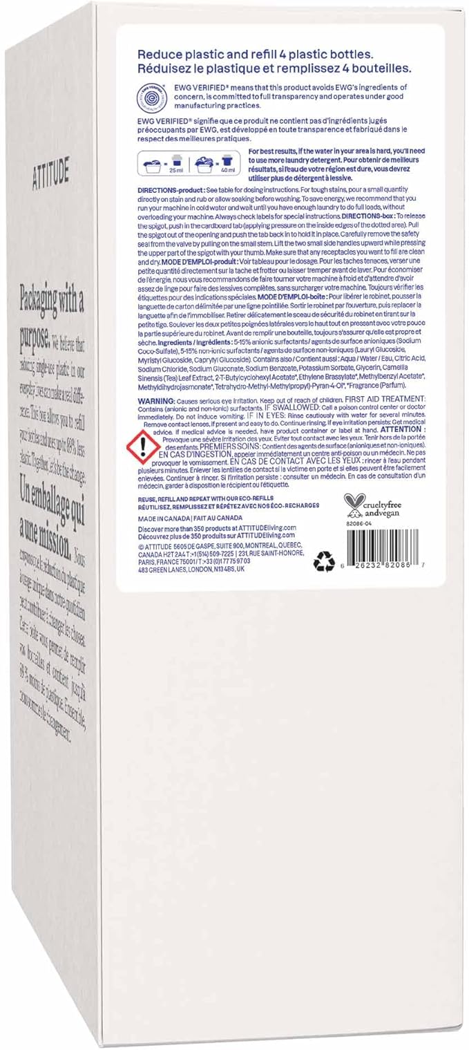 ATTITUDE Liquid Laundry Detergent Refill, EWG Verified, HE Compatible, Plant-Based & Vegan, Natural Laundry Soap, Pink Grapefruit Scent, 160 Loads, 135.26 Fl Oz