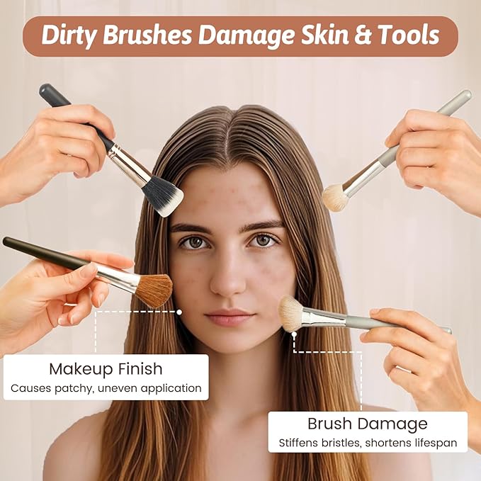 Makeup Brush Cleaner Bowl, 3 in 1 Makeup Brush Cleaner Mat and Dryer, Waterproof Makeup Brush and Sponge Cleaner with Lid (Khaki)