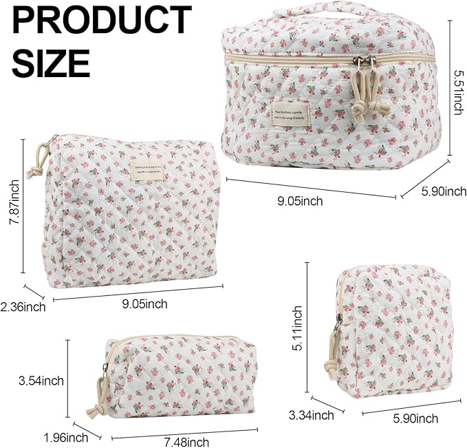 VIWIME Makeup Cosmetic Bag, Large Cotton Quilted Travel Coquette Aesthetic Cute Floral Make up Bag for Women Toiletry Bag Organizer(Red Rose/4Pcs)