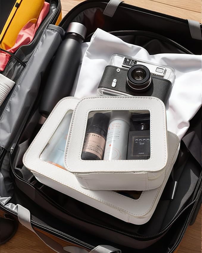 2 Pcs Travel Clear Makeup Bag Set, Clear White Makeup Organizer with Zipper Leather Travel Bags for Toiletries Small Cosmetic Bags for Women Mini Make up Pouch Toiletry Bags Car Essentials