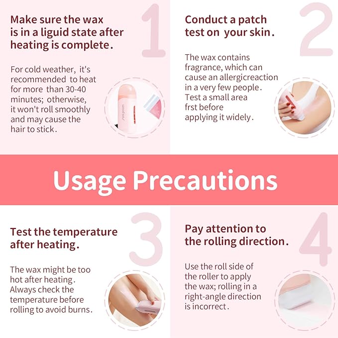 Wax Roller Kit- Easy Use Roll on Wax Kit with 4-6 Weeks Smooth Skin,Hair Remover for Larger Areas of the Body, Beginner-Friendly,with 50 Pcs Strips and 2 wax roller(Rose)