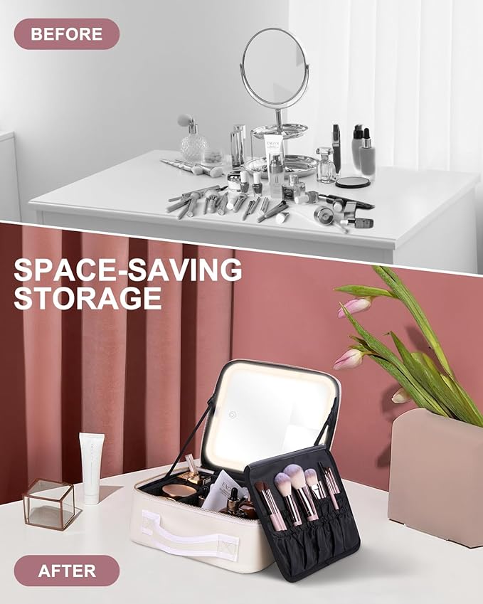 Makeup Bag with LED Mirror, Makeup Organizer Train Case with 1X,2X,3X Vanity Mirror, Adjustable Brightness in 3 Color Settings, Portable Make up Bag with Brush Holder & Storage Dividers, White