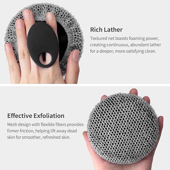 Scrub Net 2 Pack, Bath & Shower Body Scrubber Net for Rich Foam and Effective Exfoliation, Fits All BEAUTAIL Silicone Body Scrubbers, Blue + Gray
