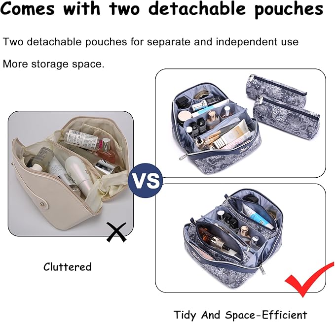 BOYATU Travel Makeup Bag for Women: Large Capacity Make up Bag with Compartments - Vegan Leather Cosmetic Bag set of 3 - Waterproof Toiletry Bag with Handle & Divider(D-03Blue)